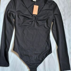 Black long sleeve thong bodysuit